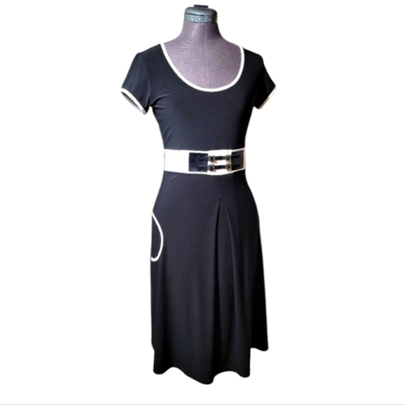 Joseph Ribkoff Black with White Trim Midi Dress Short Sleeve Belt Detail Size 6 - Picture 9 of 10
